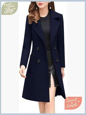 Wool Blend Double Breasted Peacoat Notched Lapel Mid Long Overcoat